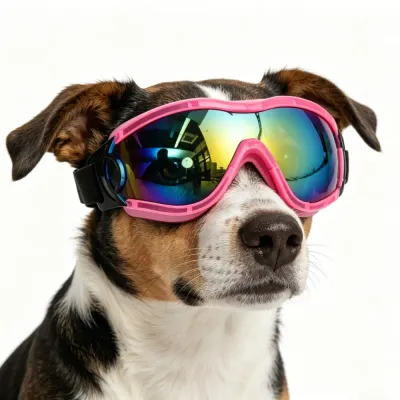 pink-dog-sunglasses-for-medium-dogs Close-up of a brown and white dog wearing pink pet goggles with rainbow mirrored lenses.