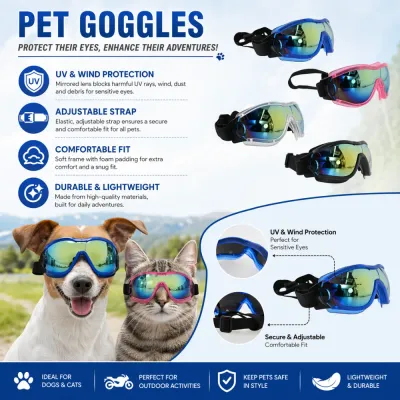 pet-goggles-features-and-benefits-infographic Infographic highlighting features of pet goggles including UV protection, adjustable straps, and foam padding.