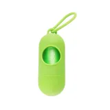 Neon Green Pet Waste Bag Dispenser Close-up of a neon green pill-style dog poop bag dispenser with a matching carabiner clip.