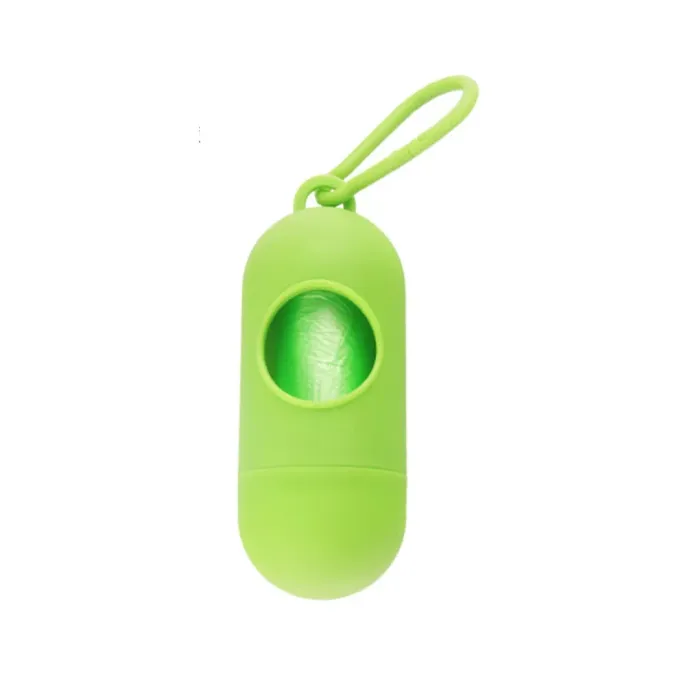 Neon Green Pet Waste Bag Dispenser Close-up of a neon green pill-style dog poop bag dispenser with a matching carabiner clip.