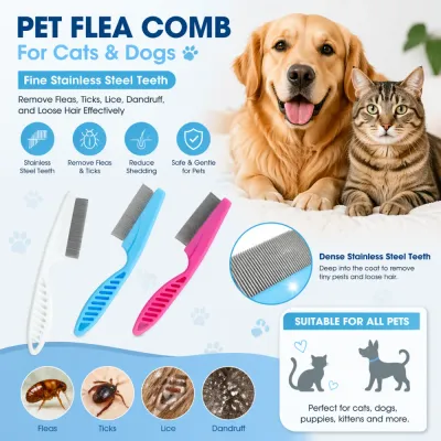 Infographic highlighting key features and benefits of the pet flea comb set, including dense teeth, versatility for cats and dogs, and efficacy against various pests.