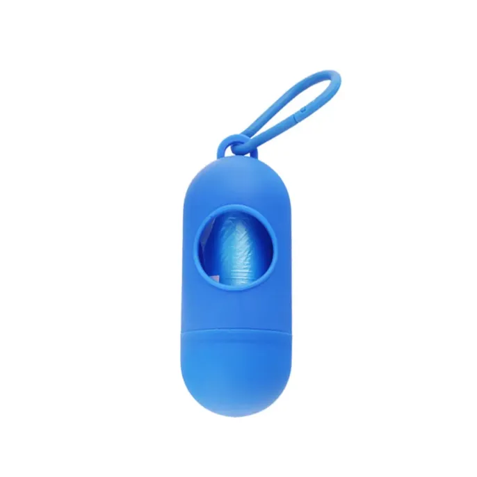 Electric Blue Pet Waste Bag Dispenser A vibrant blue portable pet waste bag holder with a roll of blue bags visible inside.
