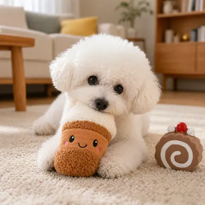 A white fluffy dog lying on a rug with a plush coffee cup toy and a latex cake toy in a living room.