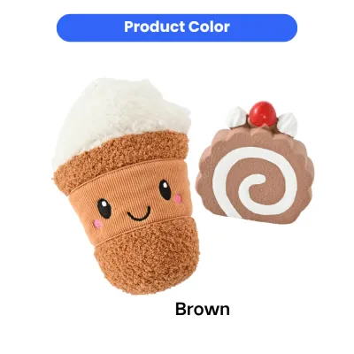 Two-piece pet toy set featuring a brown plush coffee cup and a brown latex roll cake.