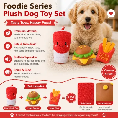 Infographic detailing features of the 3-piece dog toy set: non-toxic latex, soft plush, built-in squeaker, and bite-resistant material.