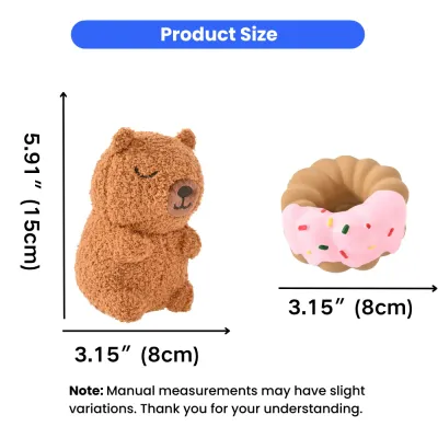 dog-toy-size-guide-plush-bear-latex-donut Size specifications for dog toys: plush bear measures 5.91 inches by 3.15 inches, and the latex donut measures 3.15 inches in diameter.