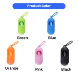 Multiple Colors of Pet Waste Bag Dispensers A collection of dog waste bag dispensers in five colors: Green, Blue, Orange, Pink, and Black.
