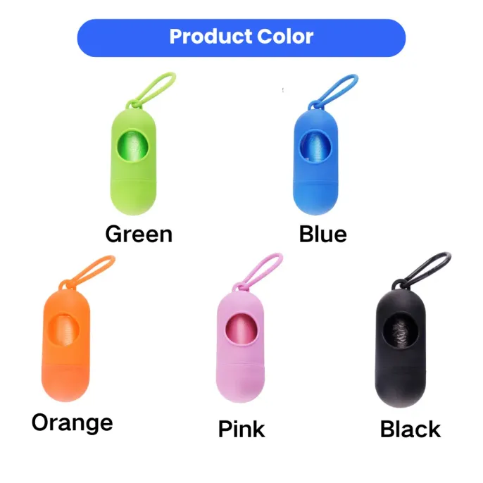 Multiple Colors of Pet Waste Bag Dispensers A collection of dog waste bag dispensers in five colors: Green, Blue, Orange, Pink, and Black.