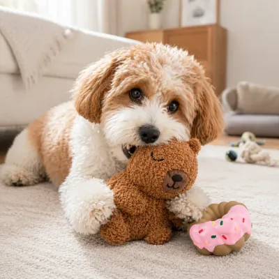 small-puppy-chewing-squeaky-plush-bear-toy A small fluffy puppy lying on a rug and chewing on a soft brown plush bear toy next to a pink latex donut.