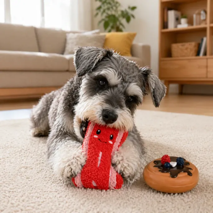A Schnauzer dog chewing on a red plush bacon toy on a living room rug.