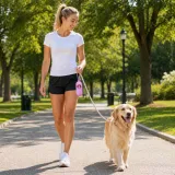 Woman Walking Golden Retriever with Pink Bag Dispenser A woman in athletic wear walking a Golden Retriever in a park with a pink waste bag dispenser attached to the leash.