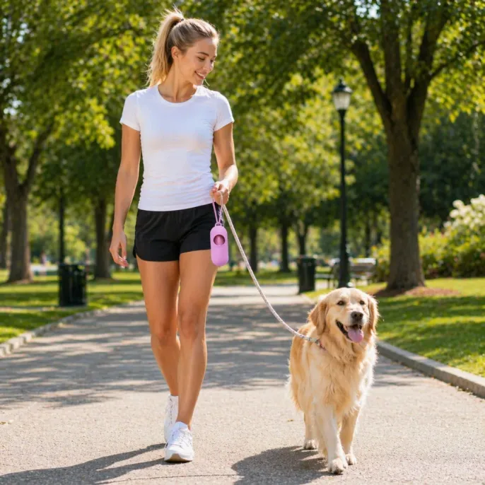 Woman Walking Golden Retriever with Pink Bag Dispenser A woman in athletic wear walking a Golden Retriever in a park with a pink waste bag dispenser attached to the leash.