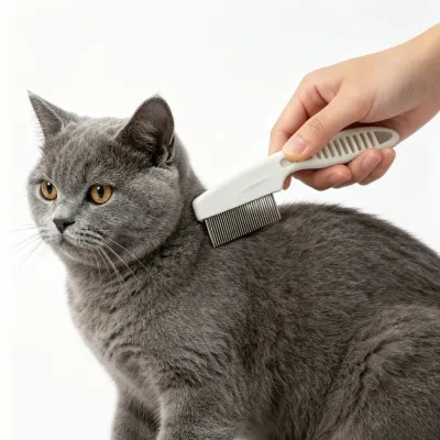 Close-up view of a hand using a white pet flea comb with stainless steel teeth to groom a British Shorthair cat, removing pests and loose hair.