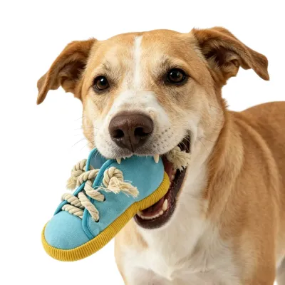 Close-up of a medium-sized dog happily holding a blue squeaky shoe toy in its mouth.