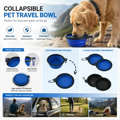 An infographic showing a Golden Retriever drinking and highlighting features like BPA-free material, reinforced rim, and hiking/camping use cases.
