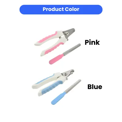 Two sets of pet nail clippers and files displayed in vibrant pink and sky blue color options.