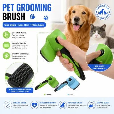 One-Click Self-Cleaning Pet Slicker Brush Features Infographic showing a dog and cat with callouts for one-click hair release, stainless steel bristles, and ergonomic handle.