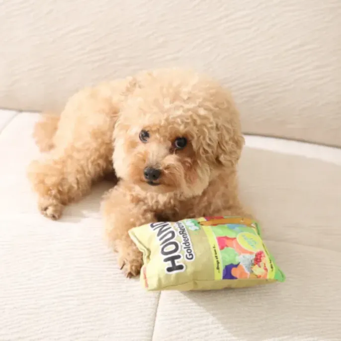 A small fluffy tan poodle laying on a white sofa with the yellow Hound Golden Retriever crinkle toy.