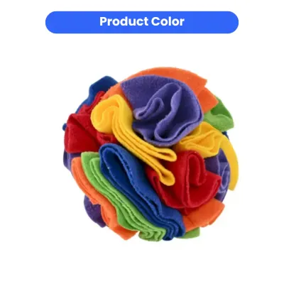A close-up photograph of a colorful snuffle ball dog toy, showing layers of red, orange, yellow, green, blue, and purple fleece fabric tightly rolled together.