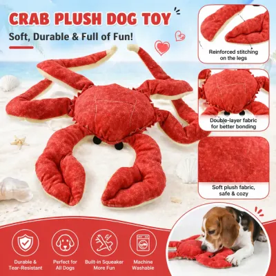 Ultimate Crab Plush Dog Toy - Squeaky, Durable, & Washable An infographic detailing the key features of the crab plush dog toy: durability, built-in squeaker, machine washability, and soft fabric.