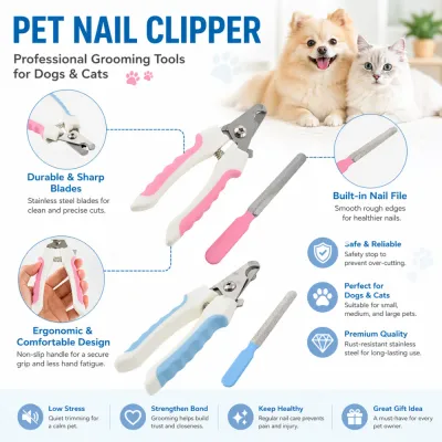 Infographic highlighting features including stainless steel blades, safety stop guard, built-in nail file, and ergonomic non-slip handles.