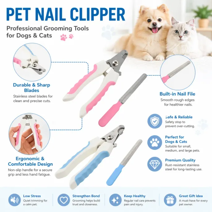 Key Features of Professional Pet Nail Clippers for Dogs and Cats Infographic highlighting features including stainless steel blades, safety stop guard, built-in nail file, and ergonomic non-slip handles.