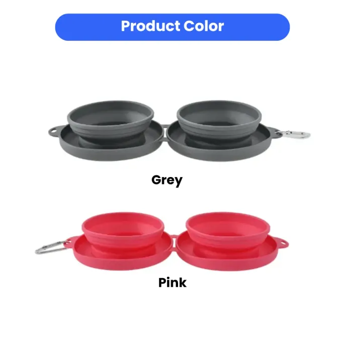 collapsible-pet-travel-bowls-grey-pink-colors Product showcase of the collapsible pet travel bowls available in two colors: Charcoal Grey and Vibrant Pink.