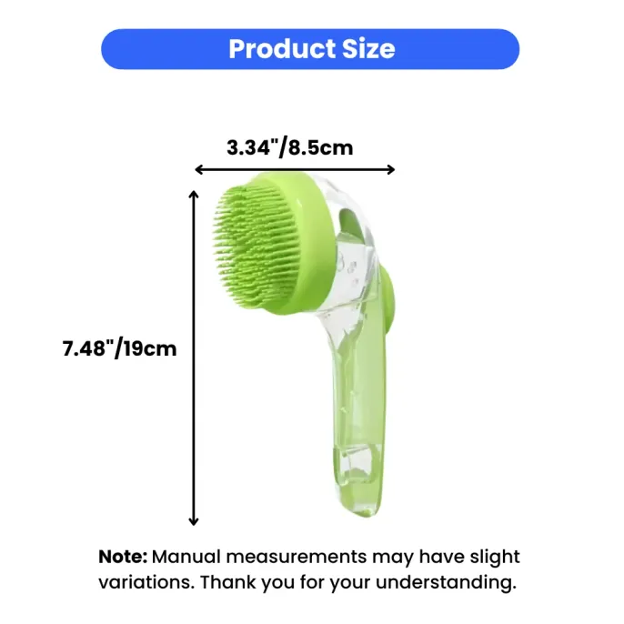 2-in-1 Pet Bath Brush Dimensions and Size Guide Professional pet bath brush size chart showing 7.48 inch length and 3.34 inch width for wholesale pet grooming supplies.