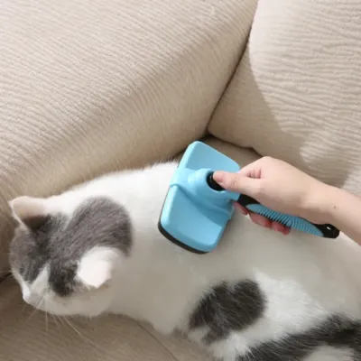 Ergonomic Pet Brush for Daily Cat Care Close-up of a blue grooming brush being used on a cat, highlighting the ergonomic non-slip handle.