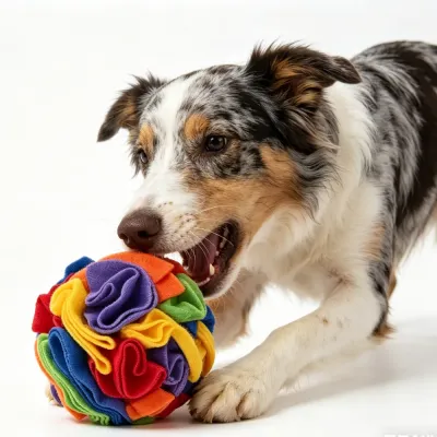 Large Dog Foraging with a Nosework Toy A beautiful Australian Shepherd dog with merle markings is actively engaging with a colorful fleece snuffle ball, its mouth slightly open near the toy.