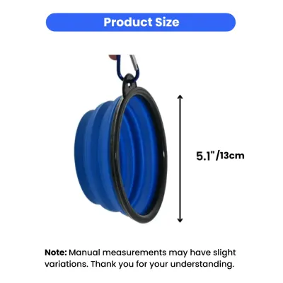 A side view of a blue collapsible dog bowl showing a diameter measurement of 5.1 inches or 13 centimeters.
