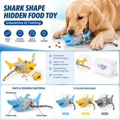 Infographic highlighting features: hidden food compartment, teething cleaning, boredom relief, and IQ training.