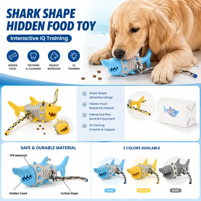 Shark-Hidden-Food-Toy-Features-Infographic Infographic highlighting features: hidden food compartment, teething cleaning, boredom relief, and IQ training.