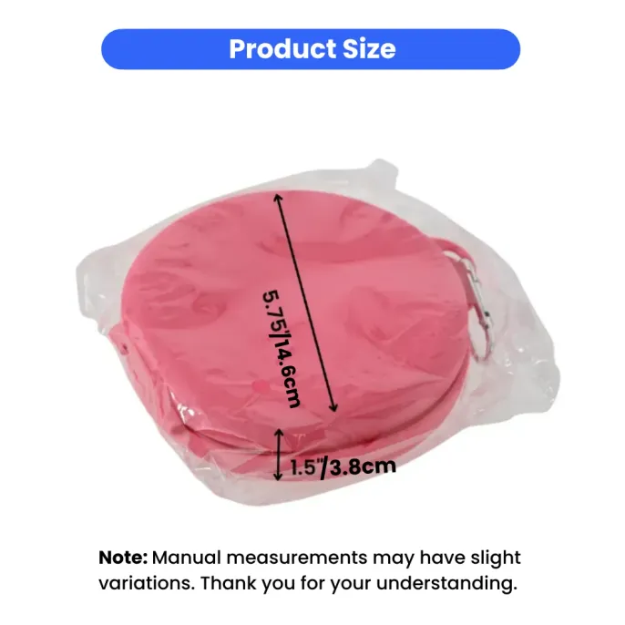 collapsible-pet-bowl-dimensions-size-chart A diagram showing the measurements of a pink collapsed pet travel bowl, measuring 5.75 inches in diameter and 1.5 inches thick.