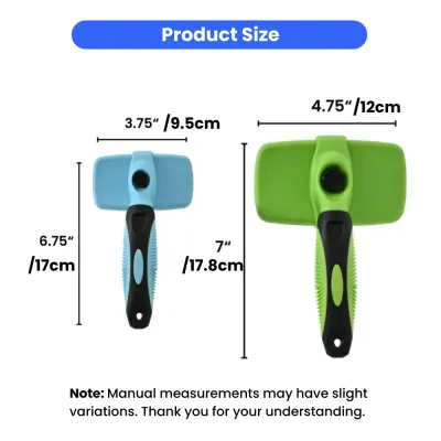 Self-Cleaning Pet Brush Dimensions and Size Chart Technical drawing showing the dimensions of small and large pet grooming brushes in inches and centimeters.