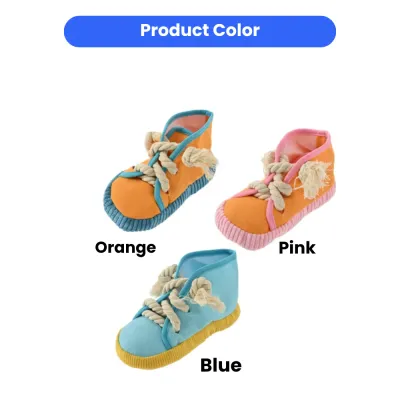 Three canvas shoe dog toys displayed in Orange, Pink, and Blue colors with thick rope laces.