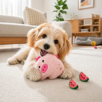 A small fluffy dog lying on a living room carpet playing with a pink plush pig and watermelon chew toys.