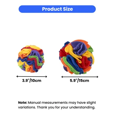 Image showing two rainbow fleece snuffle balls side-by-side with dimensions. The smaller ball measures 3.9 inches (10cm) and the larger ball measures 5.9 inches (15cm).