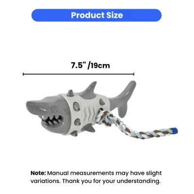 A diagram showing the 7.5 inch or 19cm length of the shark-shaped interactive dog toy.