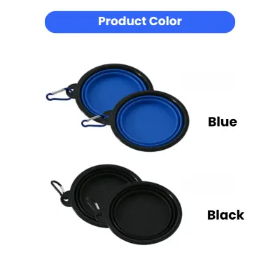 Two sets of collapsible silicone pet bowls displayed in blue and black color options with metal carabiners.