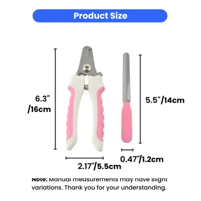 A size comparison graphic showing a 6.3-inch pet nail clipper and a 5.5-inch matching pink nail file with measurements in centimeters.