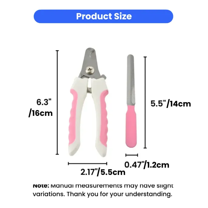 Professional Pet Nail Clipper and File Size Chart A size comparison graphic showing a 6.3-inch pet nail clipper and a 5.5-inch matching pink nail file with measurements in centimeters.