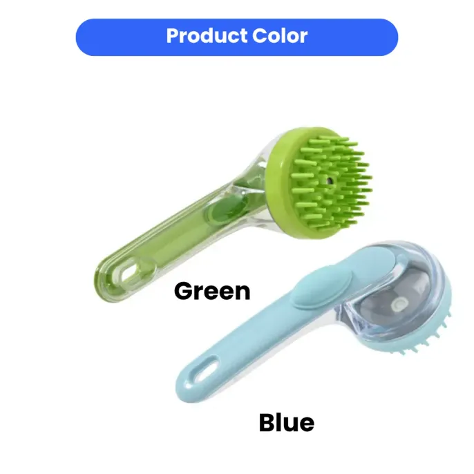 Wholesale Pet Bath Brushes available in Green and Blue Two silicone pet shampoo dispenser brushes displayed in vibrant green and sky blue colors for retail inventory.