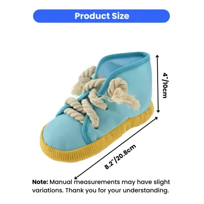 A diagram showing the 8.2-inch length and 4-inch height of the blue canvas sneaker dog toy.