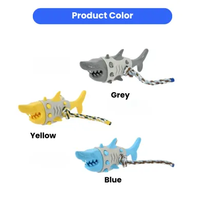 Three shark dog toys displayed in grey, yellow, and blue colors with attached cotton ropes.
