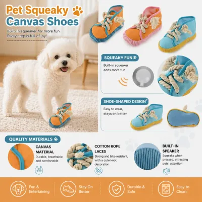 Infographic highlighting features: built-in squeaker, durable canvas material, cotton rope laces, and easy-to-clean design.
