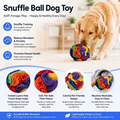 Infographic detailing the health and wellness advantages of using a snuffle ball for dog enrichment and training.