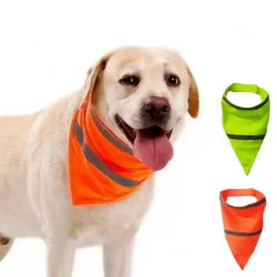 A yellow Labrador wearing an orange reflective dog bandana next to standalone green and orange bandana options.