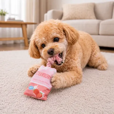 Strawberry Milk Plush Dog Chew Toy for Small Dogs – Soft Rope Interactive Toy | Petfairs small poodle dog chewing strawberry milk plush rope toy indoor soft interactive dog toy