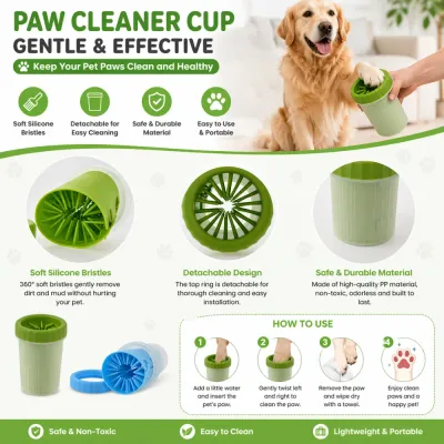 paw-cleaner-cup-features-benefits-and-how-to-use-guide A comprehensive product infographic titled "PAW CLEANER CUP: GENTLE & EFFECTIVE." It features key selling points with icons (Soft Silicone Bristles, Detachable, etc.) and benefits. Below these are three circular insets showing details